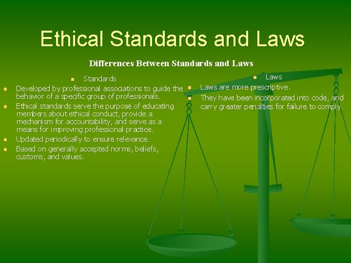 Ethical Standards and Laws Differences Between Standards and Laws Standards Developed by professional associations