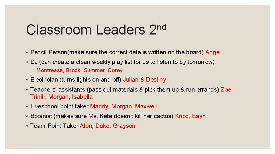 Classroom Leaders nd 2 ◦ Pencil Person(make sure the correct date is written on
