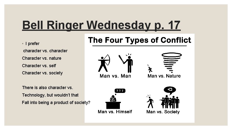 Bell Ringer Wednesday p. 17 ◦ I prefer character vs. character Character vs. nature