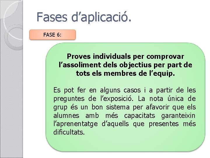 Fases d’aplicació. FASE 6: Proves individuals per comprovar l’assoliment dels objectius per part de