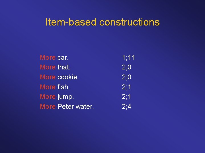 Item-based constructions More car. More that. More cookie. More fish. More jump. More Peter