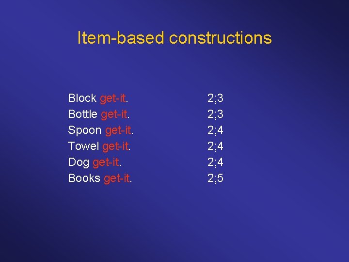 Item-based constructions Block get-it. Bottle get-it. Spoon get-it. Towel get-it. Dog get-it. Books get-it.