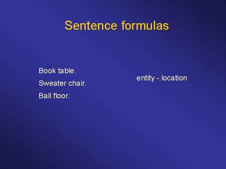 Sentence formulas Book table. Sweater chair. Ball floor. entity - location 