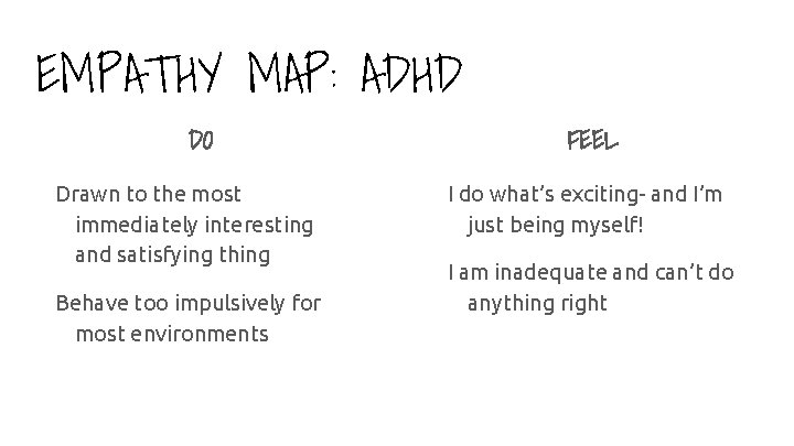 EMPATHY MAP: ADHD DO Drawn to the most immediately interesting and satisfying thing Behave