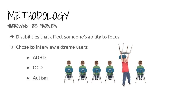 METHODOLOGY NARROWING THE PROBLEM ➔ Disabilities that affect someone’s ability to focus ➔ Chose