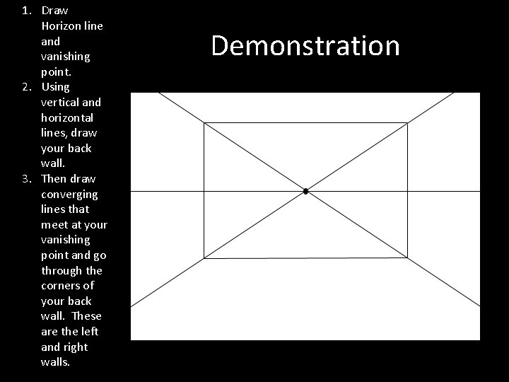 1. Draw Horizon line and vanishing point. 2. Using vertical and horizontal lines, draw