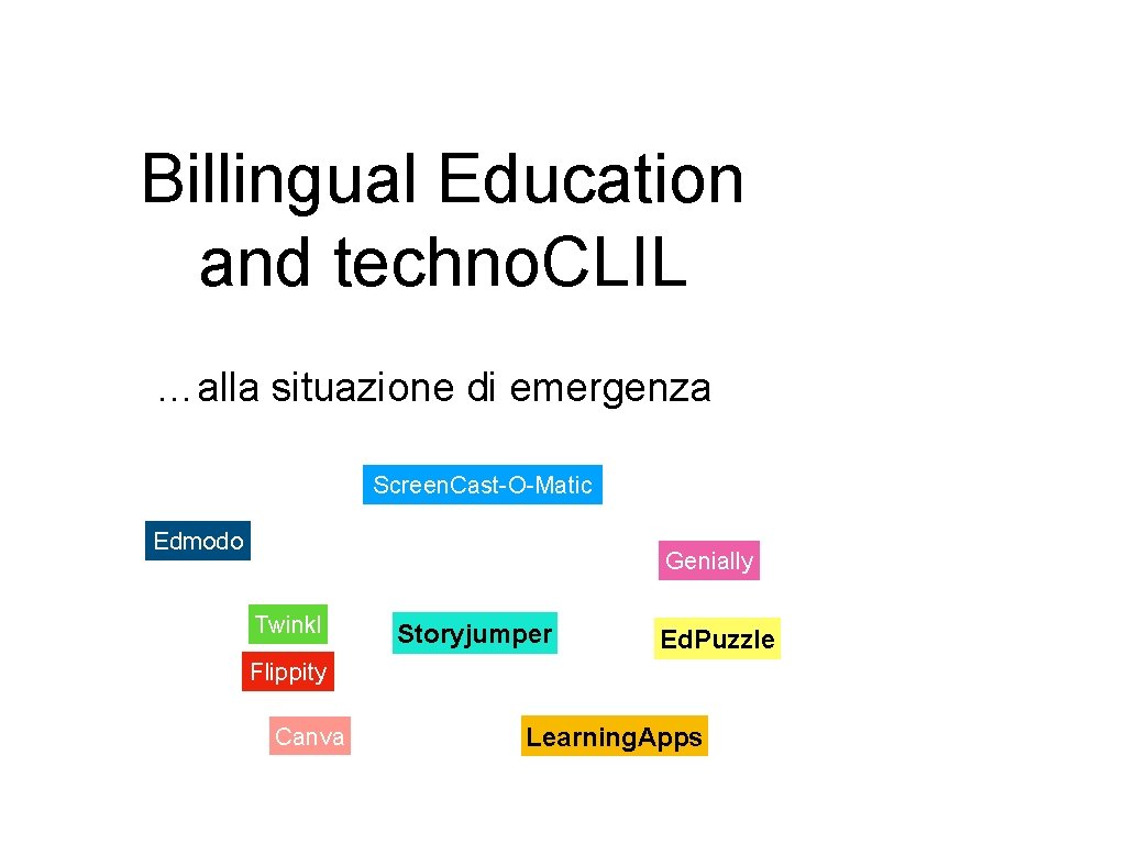 Billingual Education and techno. CLIL …alla situazione di emergenza Screen. Cast-O-Matic Edmodo Genially Twinkl