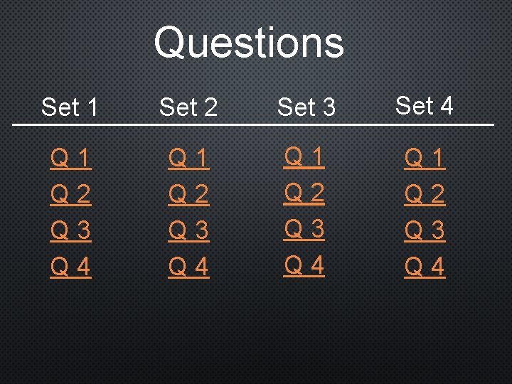 Questions Set 1 Set 2 Set 3 Set 4 Q 1 Q 2 Q