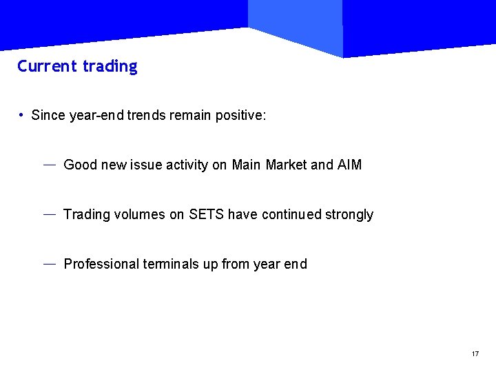 Current trading • Since year-end trends remain positive: — Good new issue activity on