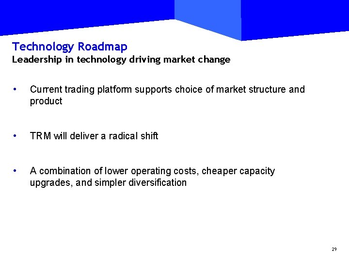 Technology Roadmap Leadership in technology driving market change • Current trading platform supports choice