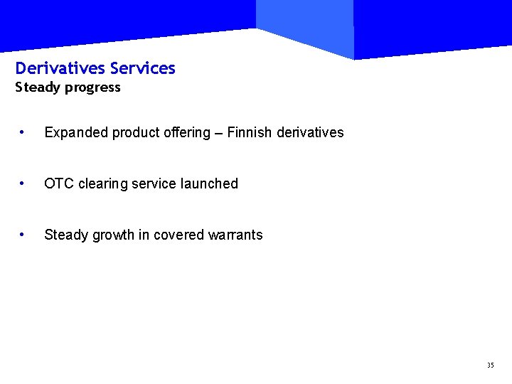 Derivatives Services Steady progress • Expanded product offering – Finnish derivatives • OTC clearing
