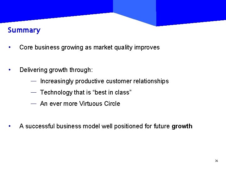 Summary • Core business growing as market quality improves • Delivering growth through: —