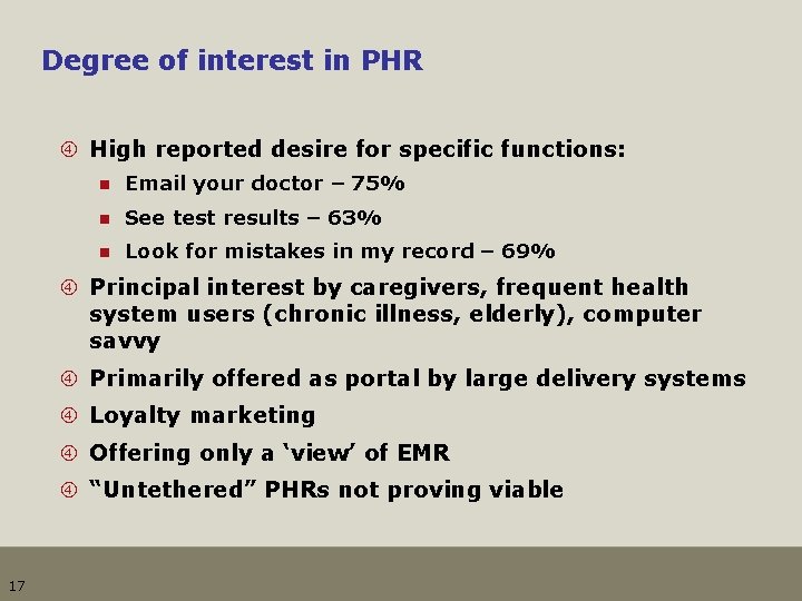 Degree of interest in PHR High reported desire for specific functions: n Email your