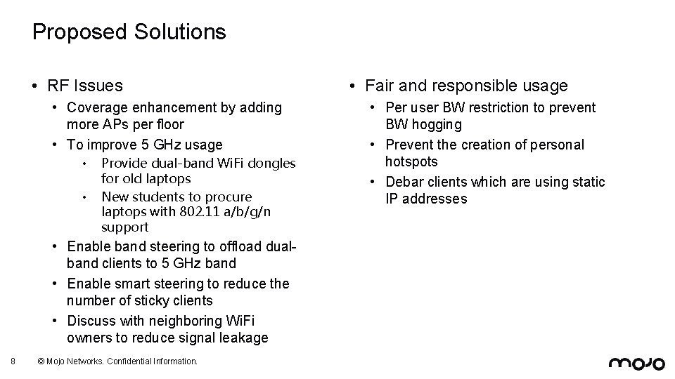 Proposed Solutions • RF Issues • Coverage enhancement by adding more APs per floor