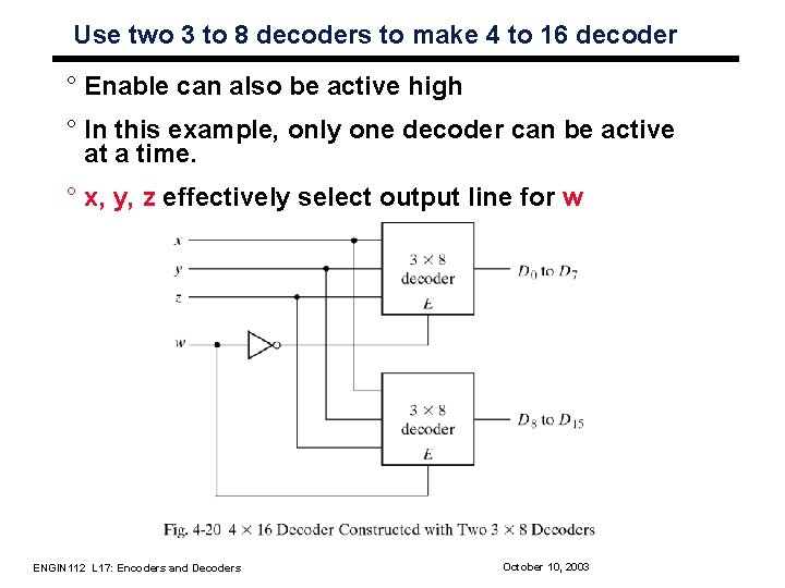 Use two 3 to 8 decoders to make 4 to 16 decoder ° Enable