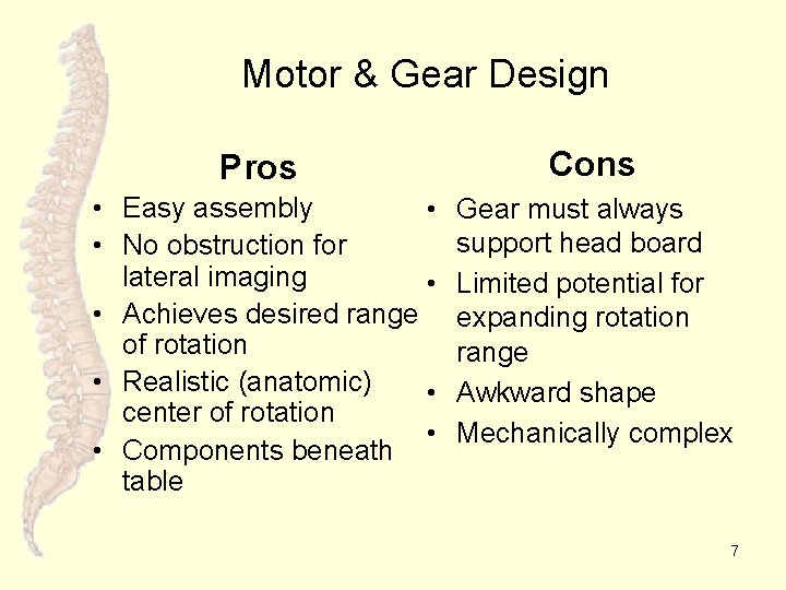 Motor & Gear Design Pros Cons • Easy assembly • • No obstruction for