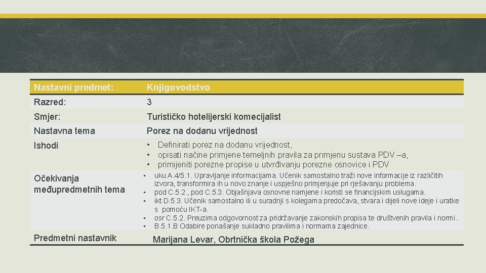 Nastavni predmet: Knjigovodstvo Razred: 3 Smjer: Turističko hotelijerski komecijalist Nastavna tema Porez na dodanu