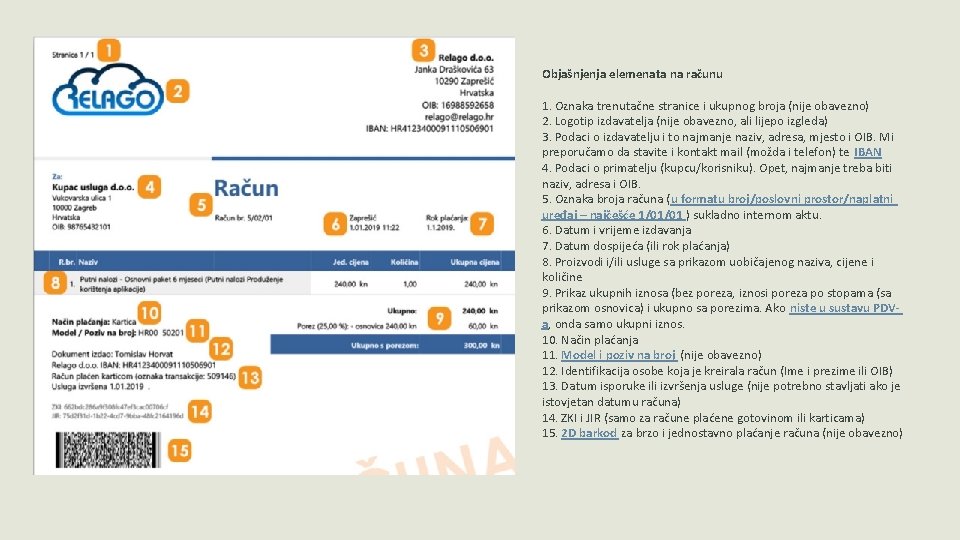 Objašnjenja elemenata na računu 1. Oznaka trenutačne stranice i ukupnog broja (nije obavezno) 2.