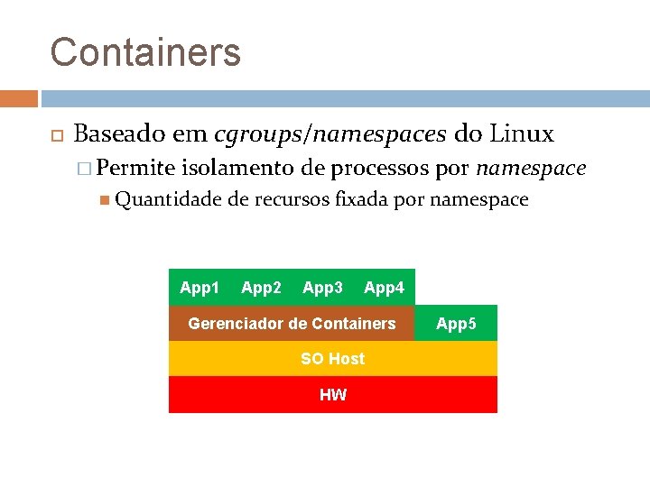 Containers Baseado em cgroups/namespaces do Linux � Permite isolamento de processos por namespace Quantidade