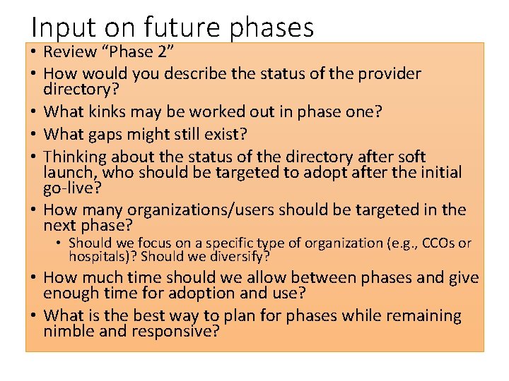 Input on future phases • Review “Phase 2” • How would you describe the