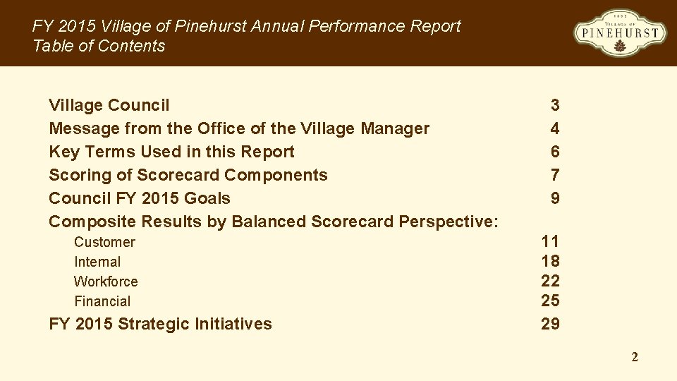 FY 2015 Village of Pinehurst Annual Performance Report Table of Contents Village Council Message