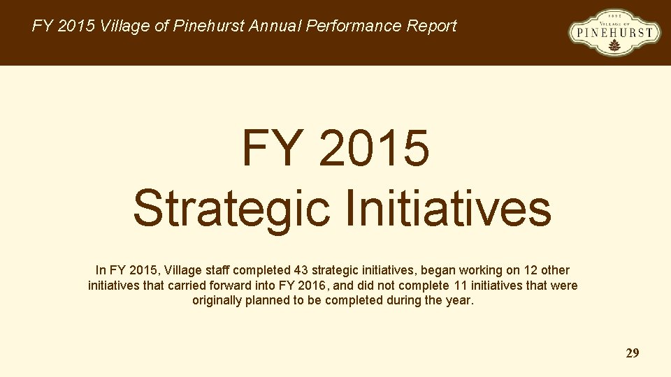 FY 2015 Village of Pinehurst Annual Performance Report FY 2015 Strategic Initiatives In FY