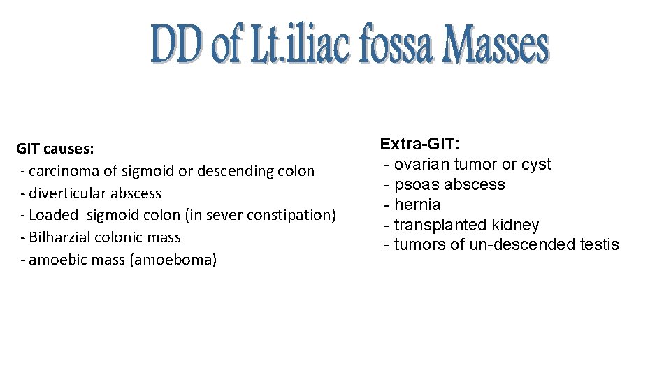 GIT causes: - carcinoma of sigmoid or descending colon - diverticular abscess - Loaded