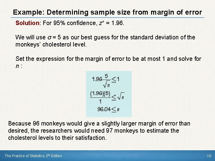 Example: Determining sample size from margin of error Solution: For 95% confidence, z* =