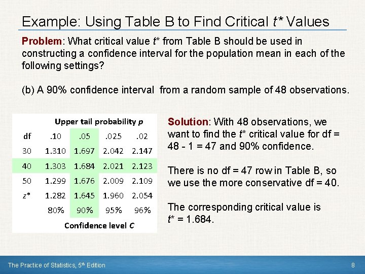 Example: Using Table B to Find Critical t* Values Problem: What critical value t*