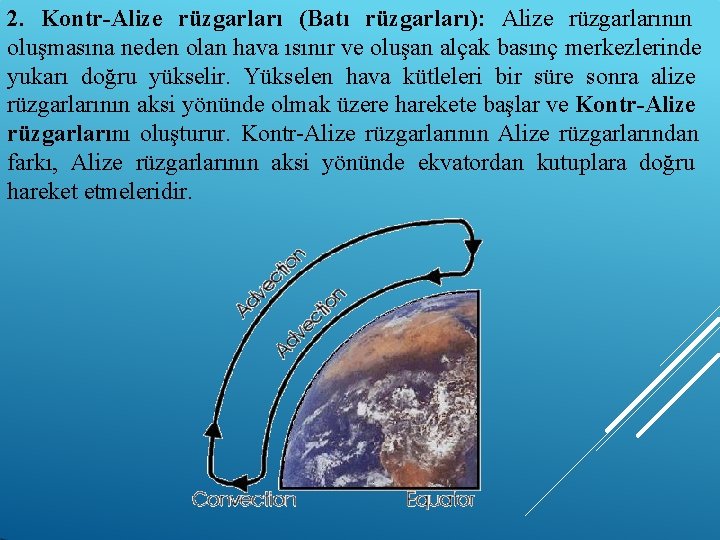 2. Kontr-Alize rüzgarları (Batı rüzgarları): Alize rüzgarlarının oluşmasına neden olan hava ısınır ve oluşan