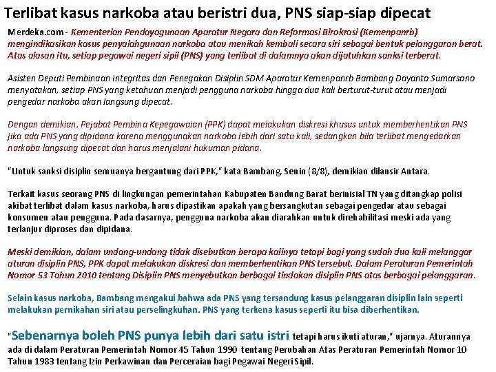 Terlibat kasus narkoba atau beristri dua, PNS siap-siap dipecat Merdeka. com - Kementerian Pendayagunaan