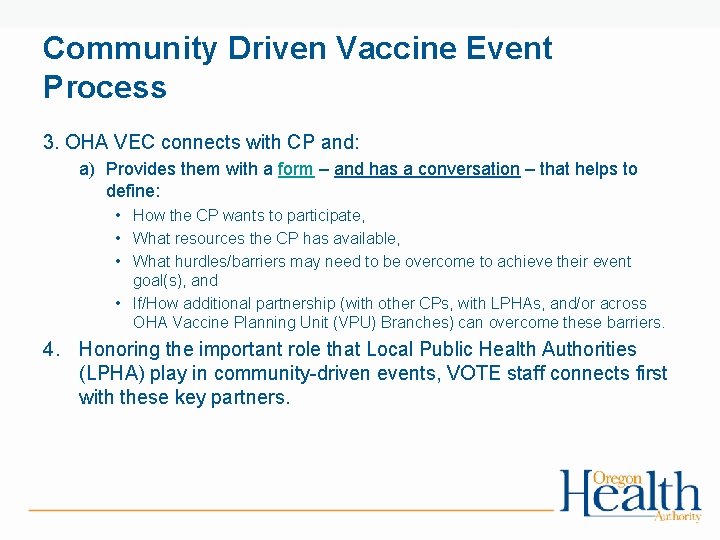 Community Driven Vaccine Event Process 3. OHA VEC connects with CP and: a) Provides