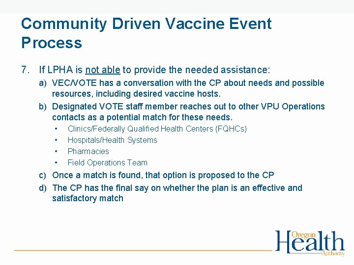 Community Driven Vaccine Event Process 7. If LPHA is not able to provide the