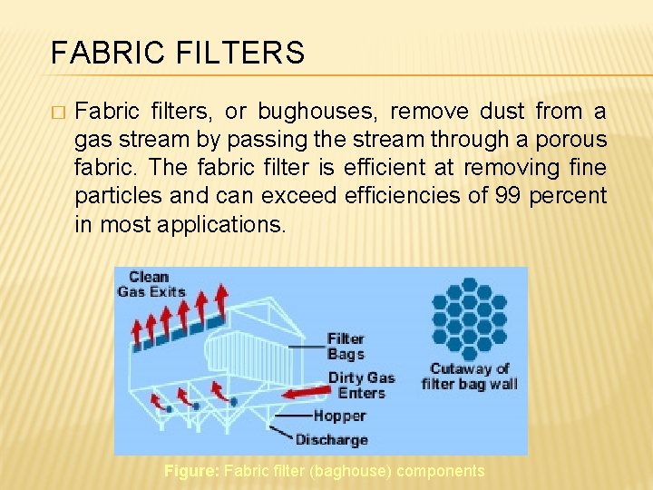 FABRIC FILTERS � Fabric filters, or bughouses, remove dust from a gas stream by