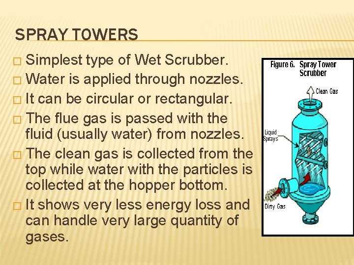 SPRAY TOWERS � Simplest type of Wet Scrubber. � Water is applied through nozzles.