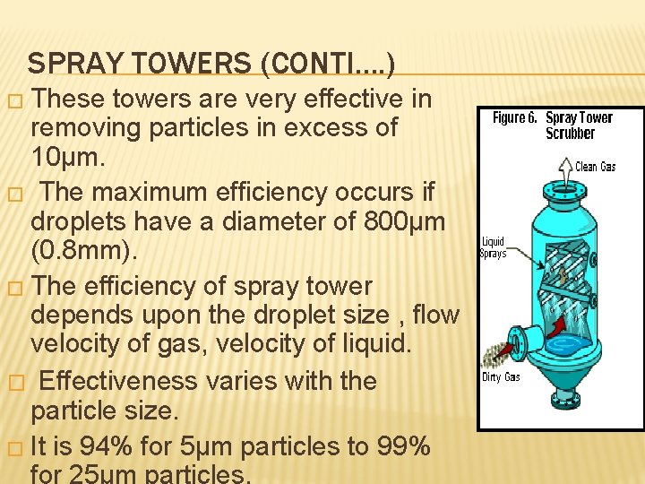 SPRAY TOWERS (CONTI…. ) � These towers are very effective in removing particles in