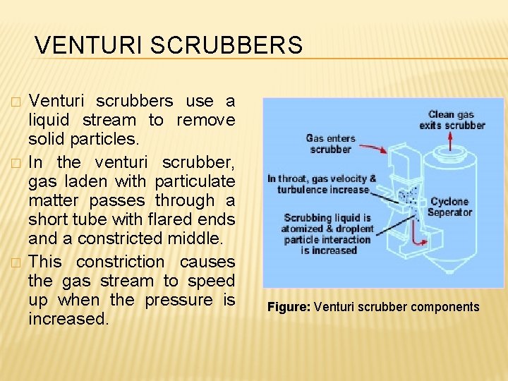 VENTURI SCRUBBERS � � � Venturi scrubbers use a liquid stream to remove solid