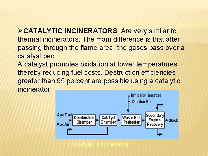 ØCATALYTIC INCINERATORS Are very similar to thermal incinerators. The main difference is that after