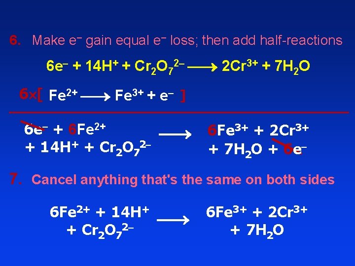 6. Make e– gain equal e– loss; then add half-reactions 6 e + 14 6. Make e– gain equal e– loss; then add half-reactions 6 e + 14