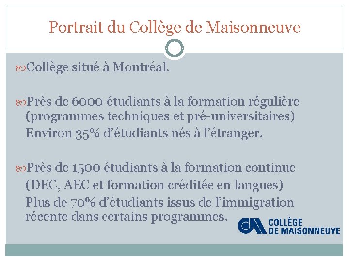Portrait du Collège de Maisonneuve Collège situé à Montréal. Près de 6000 étudiants à