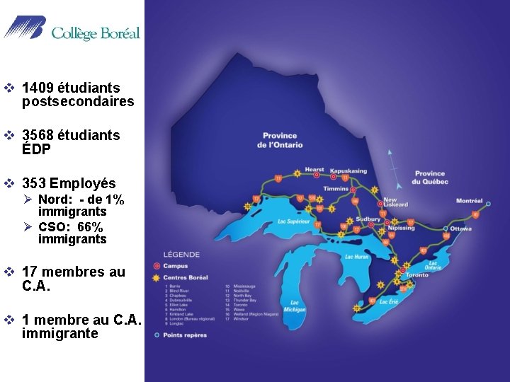 v 1409 étudiants postsecondaires v 3568 étudiants ÉDP v 353 Employés Ø Nord: -