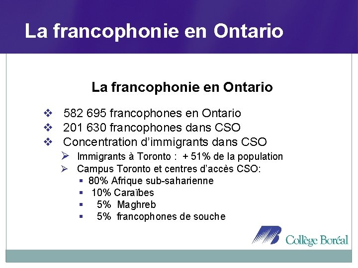 La francophonie en Ontario v 582 695 francophones en Ontario v 201 630 francophones