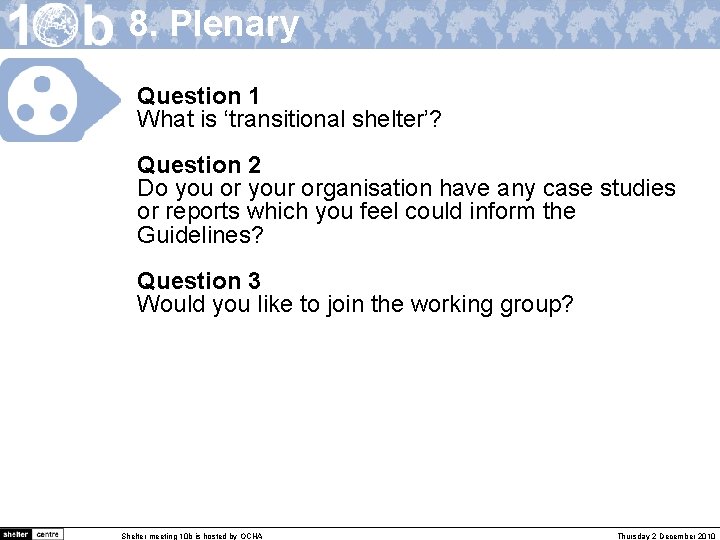 8. Plenary Question 1 What is ‘transitional shelter’? Question 2 Do you or your