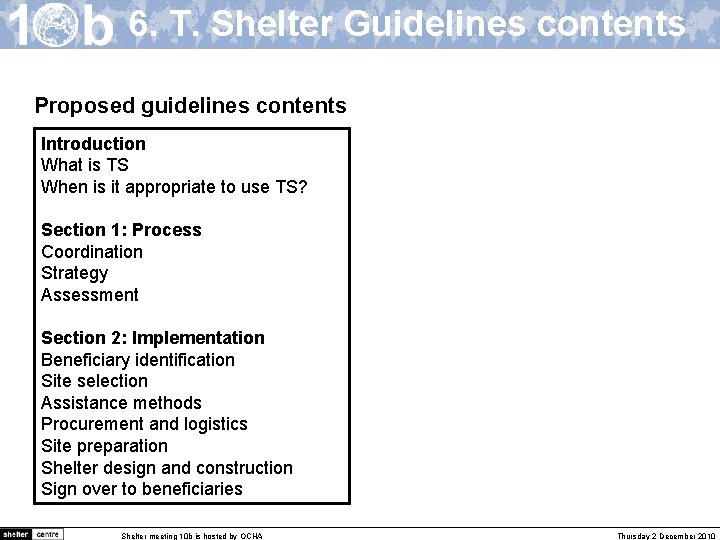 6. T. Shelter Guidelines contents Proposed guidelines contents Introduction What is TS When is