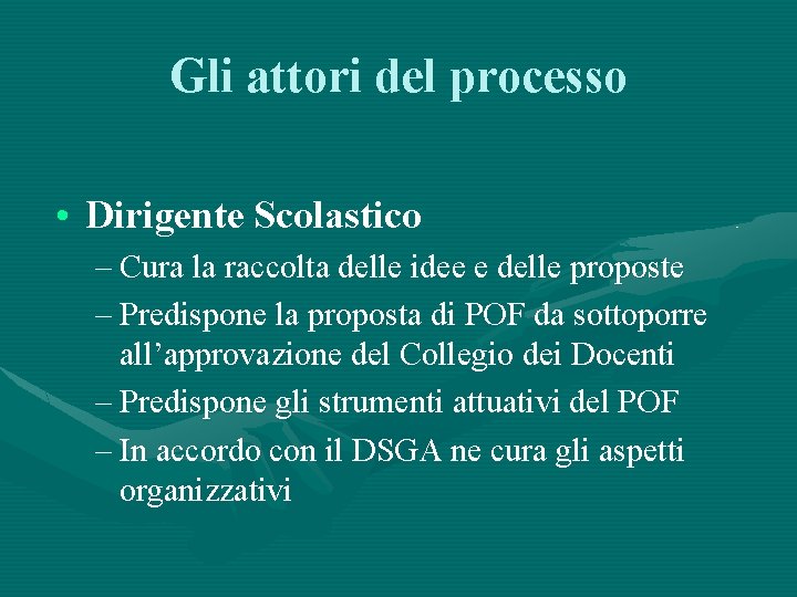 Gli attori del processo • Dirigente Scolastico – Cura la raccolta delle idee e