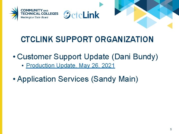 CTCLINK SUPPORT ORGANIZATION • Customer Support Update (Dani Bundy) • Production Update, May 26,
