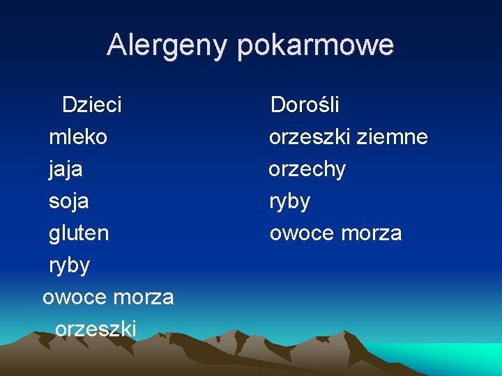 Alergeny pokarmowe Dzieci mleko jaja soja gluten ryby owoce morza orzeszki Dorośli orzeszki ziemne