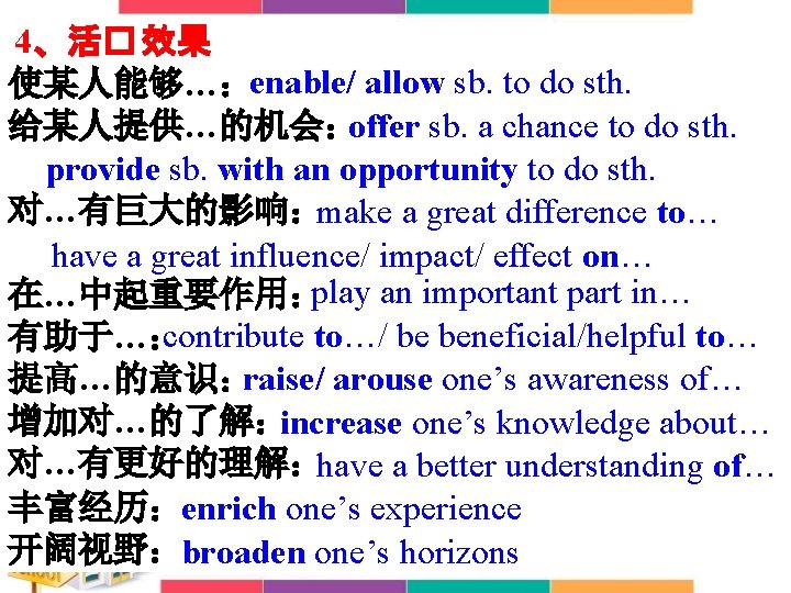 4、活� 效果 使某人能够…：enable/ allow sb. to do sth. 给某人提供…的机会：offer sb. a chance to do