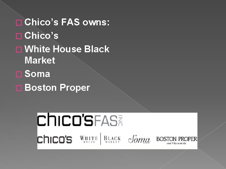 � Chico’s FAS owns: � Chico’s � White House Black Market � Soma �