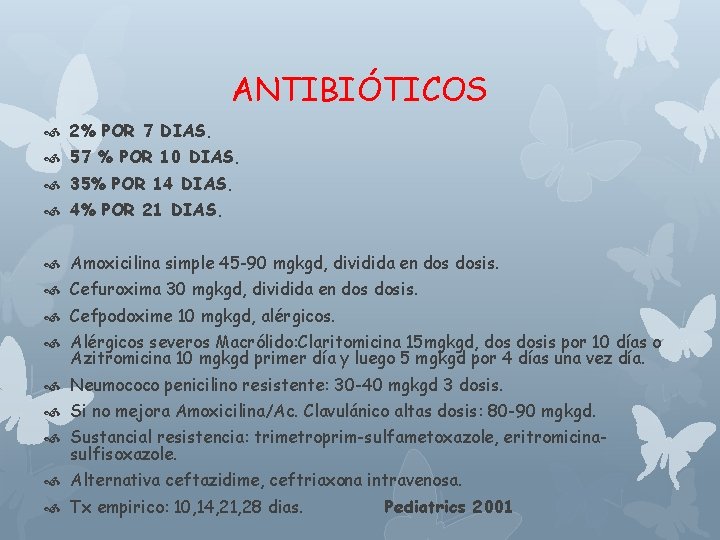 ANTIBIÓTICOS 2% POR 7 DIAS. 57 % POR 10 DIAS. 35% POR 14 DIAS.